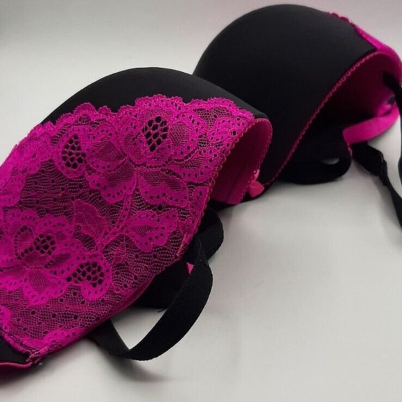 La Senza Bra 38DD Black and Magenta Lace Accents Criss Cross Front Push Up - Picture 3 of 6